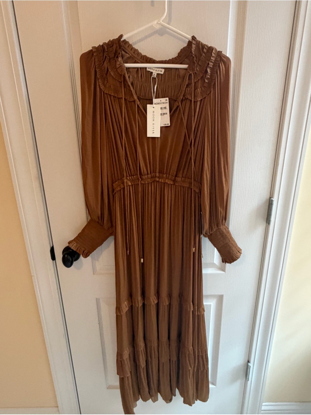 Moon River Brown Long-Sleeve Tiered Maxi Dress
